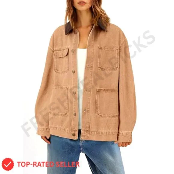 Oversized Denim Jacket Corduroy Collar Retro Vintage Barnfit Casual Chic